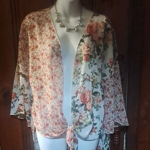 Polly & Esther Floral Kimono Top - Red, Pink, Cream